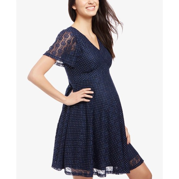 MOTHERHOOD Maternity Navy Blue & Gold Polka Dot Short Sleeve Lace Dress sz M - Picture 3 of 12